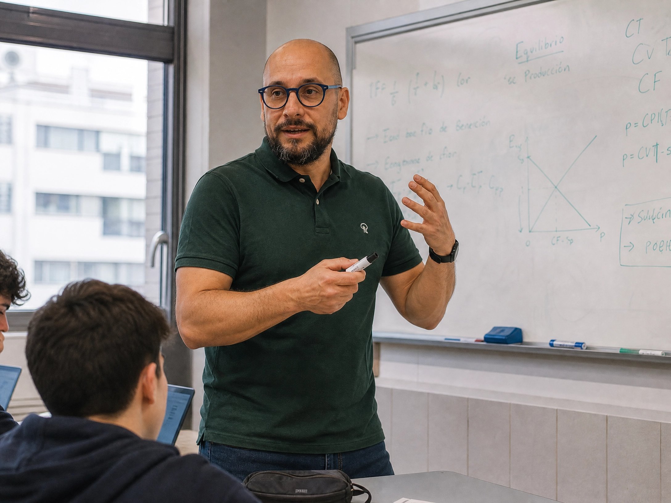 Juan Peco explicando contenidos de Economía en la pizarra